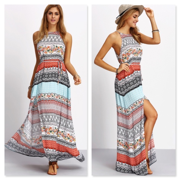 Multicolor Vintage Boho Print Slit Maxi Dress - Picture 5 of 8